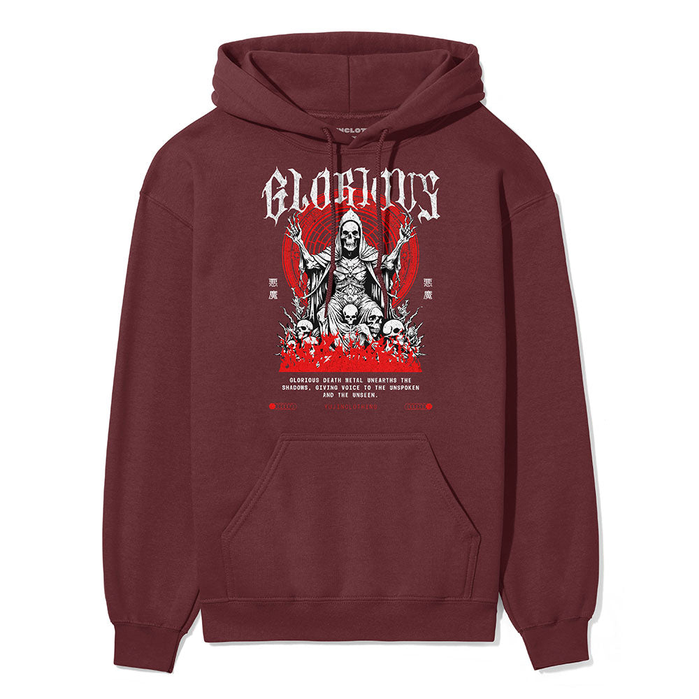 Yūjin Clothing Glorious Death Hoodie in black, featuring a detailed graphic design on the front and comfortable fabric.