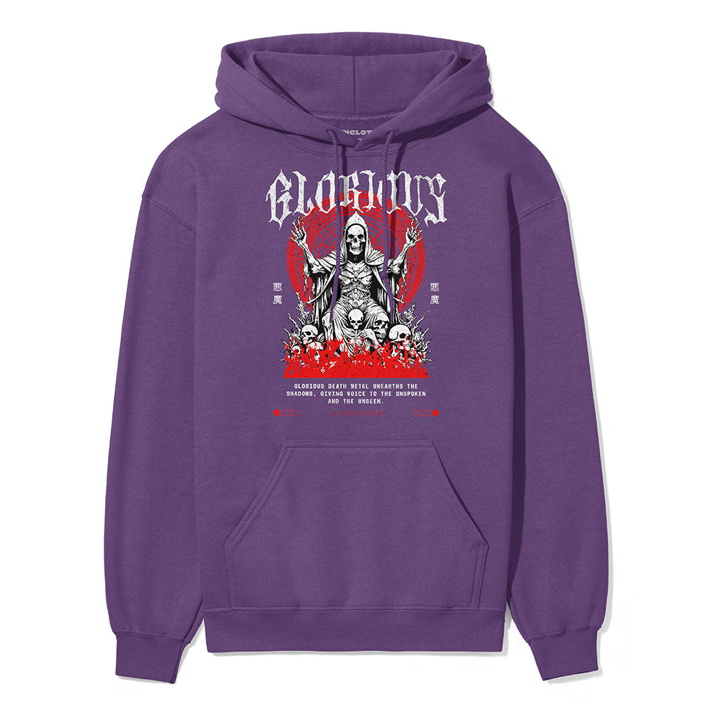 Yūjin Clothing Glorious Death hoodie featuring a dark, artistic design with a comfortable fit and bold graphics on the front.