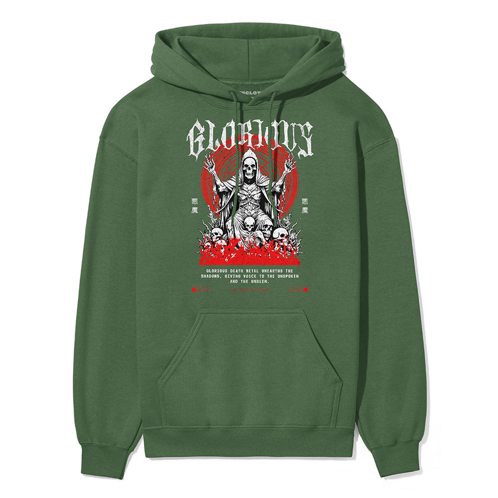 Black Glorious Death hoodie by Yūjin Clothing featuring bold graphic design and comfortable fabric for casual wear.