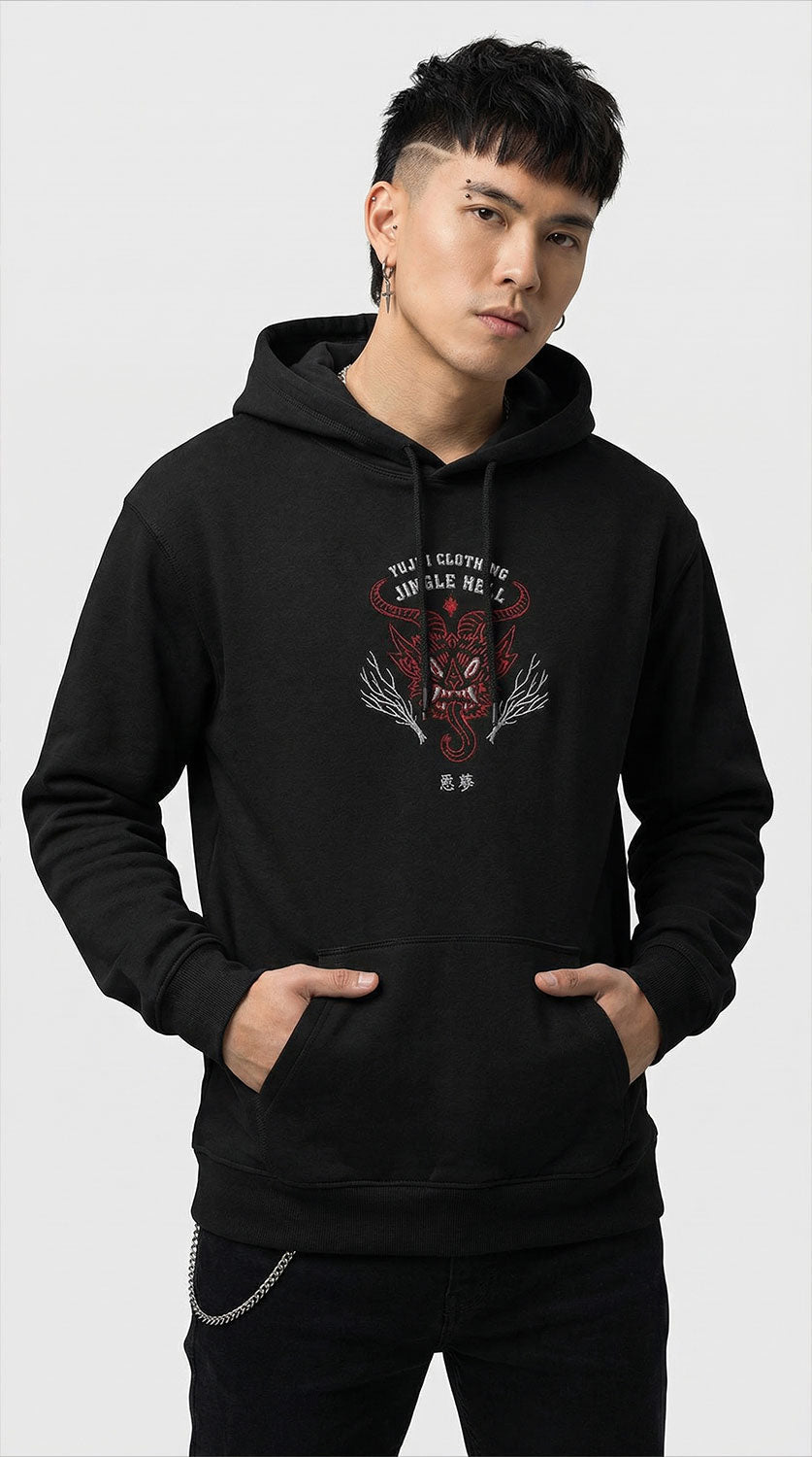 Yūjin Clothing Jingle Hell Christmas hoodie featuring festive red and green design with jingle bell accents and holiday graphic.