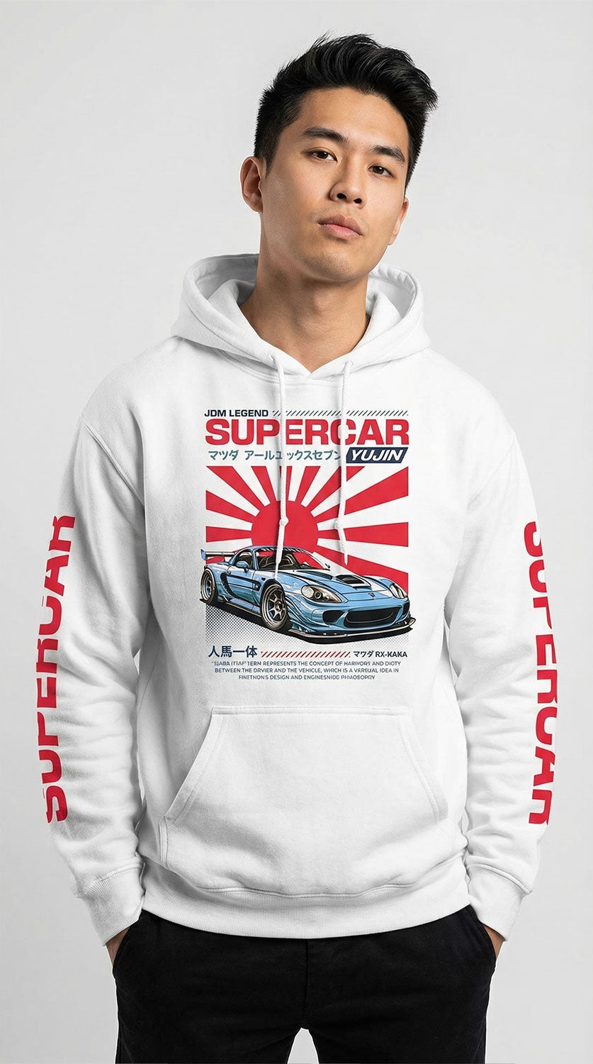 Yūjin Clothing Japanese Supercar Hoodie showing a stylish hoodie with Japanese-inspired supercar graphic design.