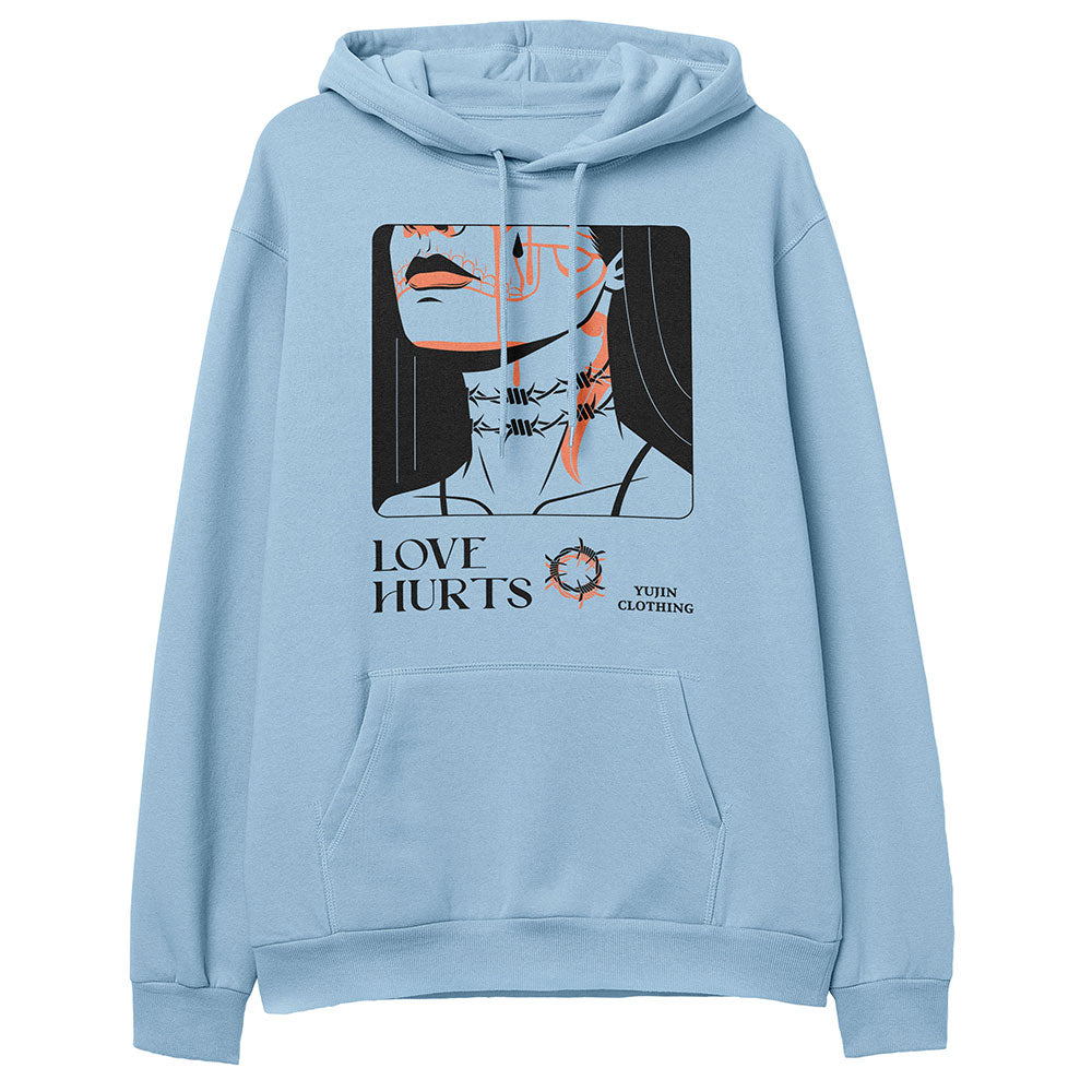 Yūjin Clothing Love Hurts hoodie featuring a comfortable fit and graphic design on soft fabric, perfect for casual wear.
