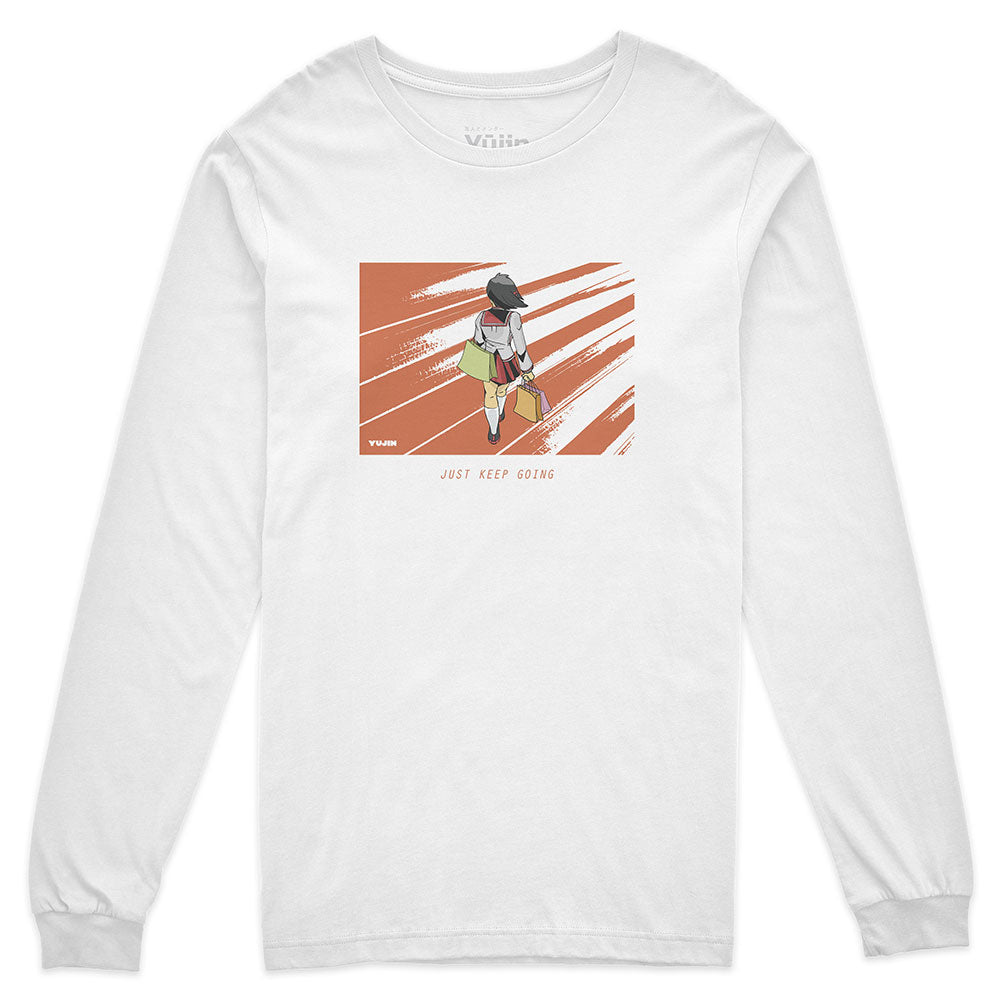 Yūjin Clothing Keep Going long sleeve T-shirt in black, featuring a comfortable fit and minimal design, perfect for casual wear.