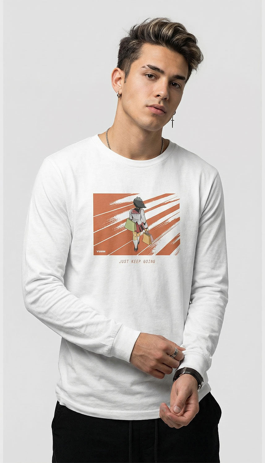 Yūjin Clothing Keep Going long sleeve T-shirt in black, featuring a comfortable fit and minimalist design for casual wear.