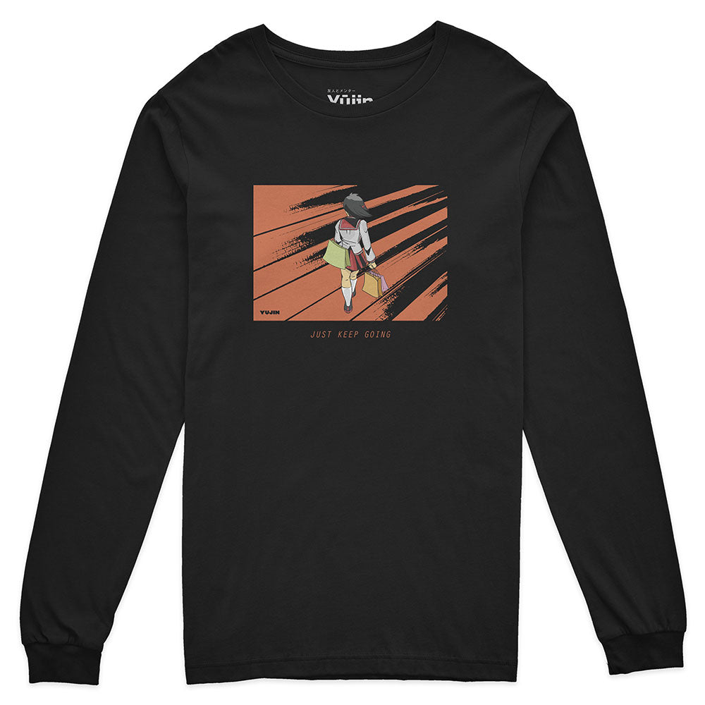 Yūjin Clothing Keep Going long sleeve T-shirt in black, featuring a comfortable fit and casual style for everyday wear.