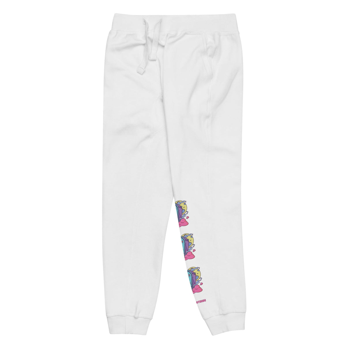 Yūjin Clothing Happy Life sweatpants made of soft fabric with a relaxed fit, featuring an elastic waistband and casual style.