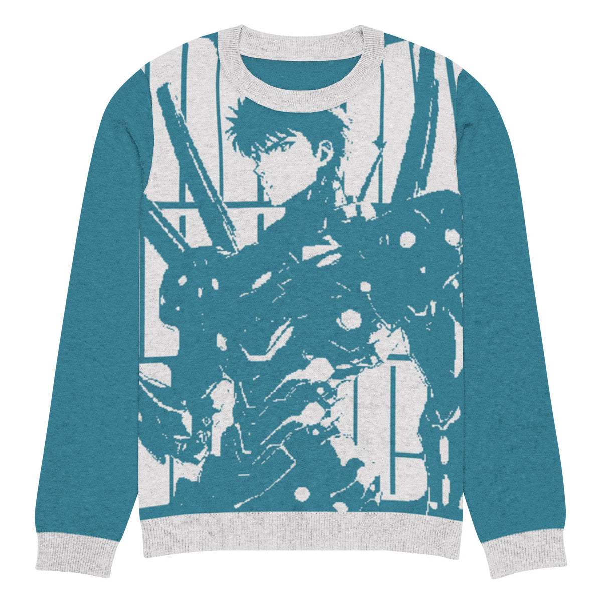 Yūjin Clothing Future Warrior knitted sweatshirt featuring a bold graphic design and comfortable fit, ideal for casual wear.