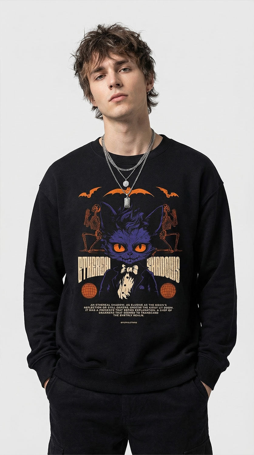 Yūjin Clothing Ethereal Shadows cat sweatshirt featuring a dark, mystical design with a cozy fit and soft fabric for casual wear.