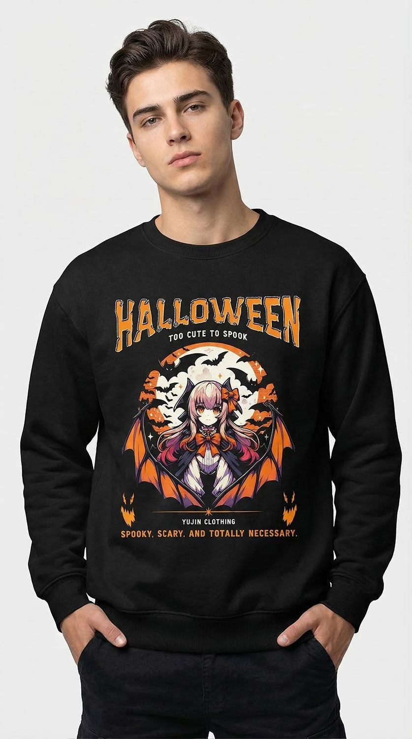 Yūjin Clothing Halloween sweatshirt with festive spooky design, cozy fabric, perfect for seasonal fall and Halloween celebrations.
