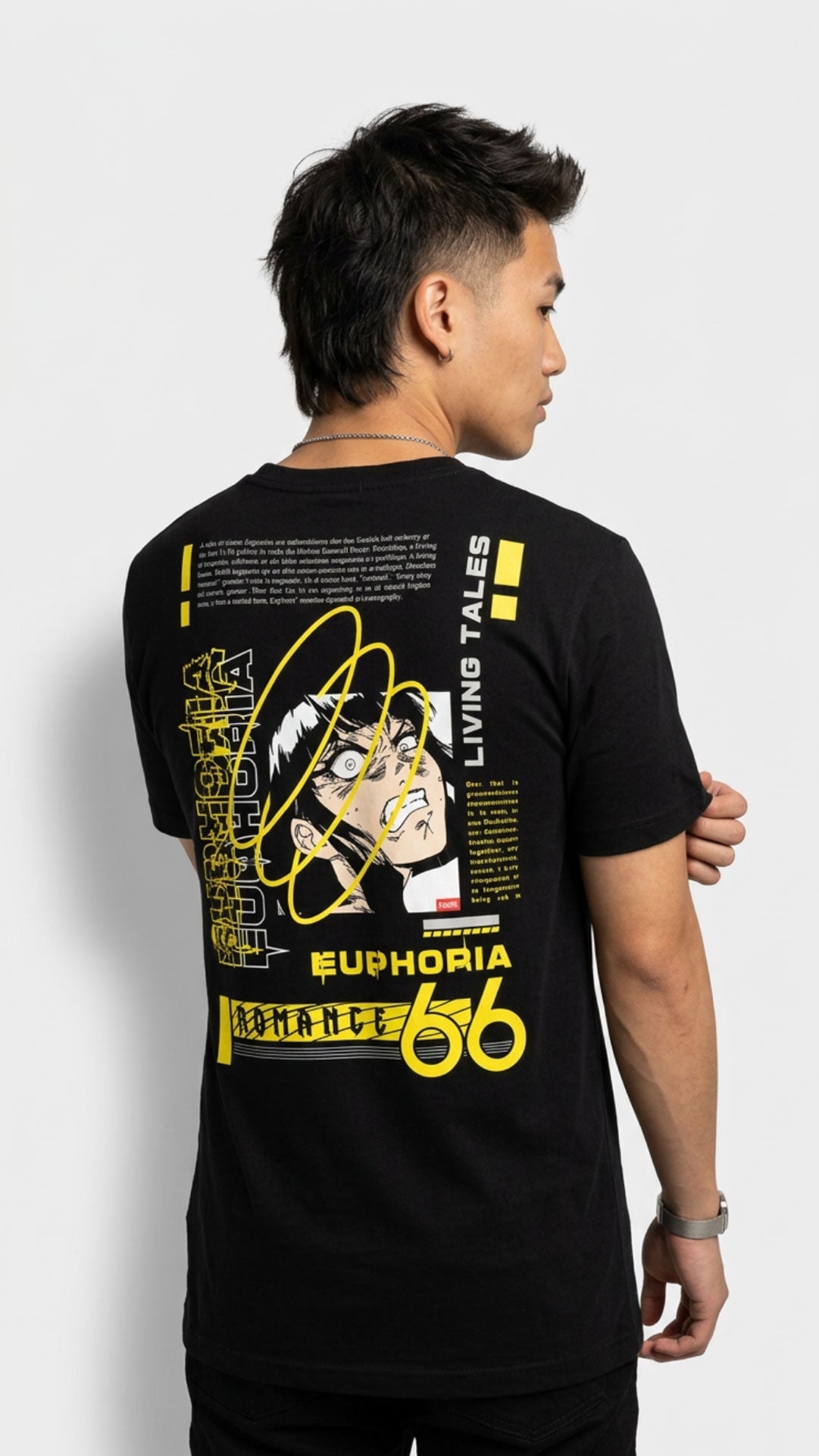 Yūjin Clothing Euphoria T-Shirt with vibrant graphic design, casual fit, and comfortable fabric for everyday wear.