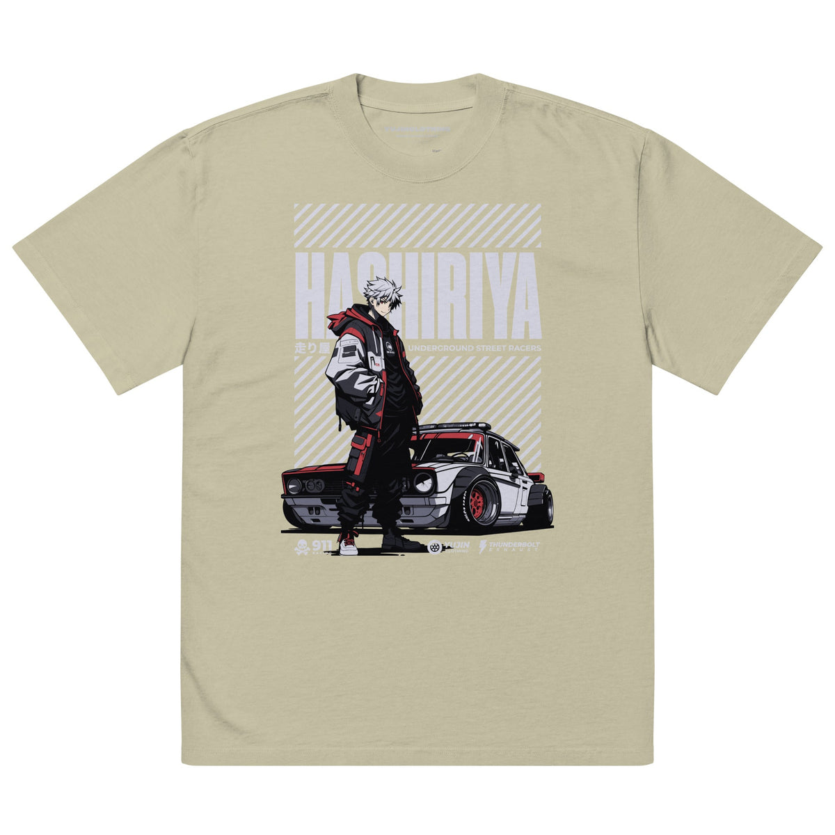 Yūjin Clothing Hashiriya oversized faded car T-shirt featuring a vintage automotive graphic on soft fabric.