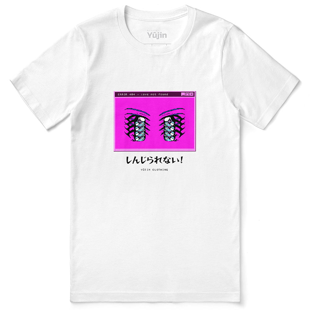 Yūjin Clothing Love Not Found T-Shirt featuring a casual fit, soft fabric, and a minimalist design with printed text on the front.