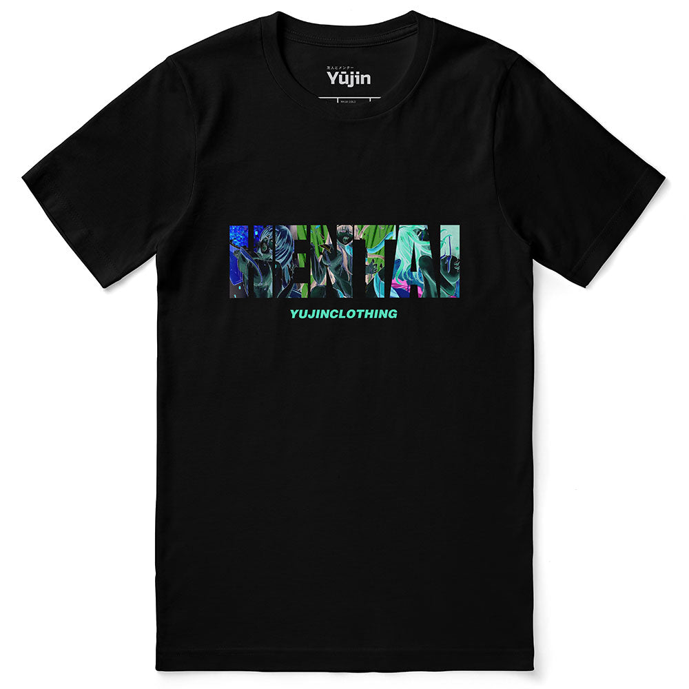 Yūjin Clothing Neo Hentai T-Shirt with bold graphic print, made from soft cotton fabric, shown on a mannequin.