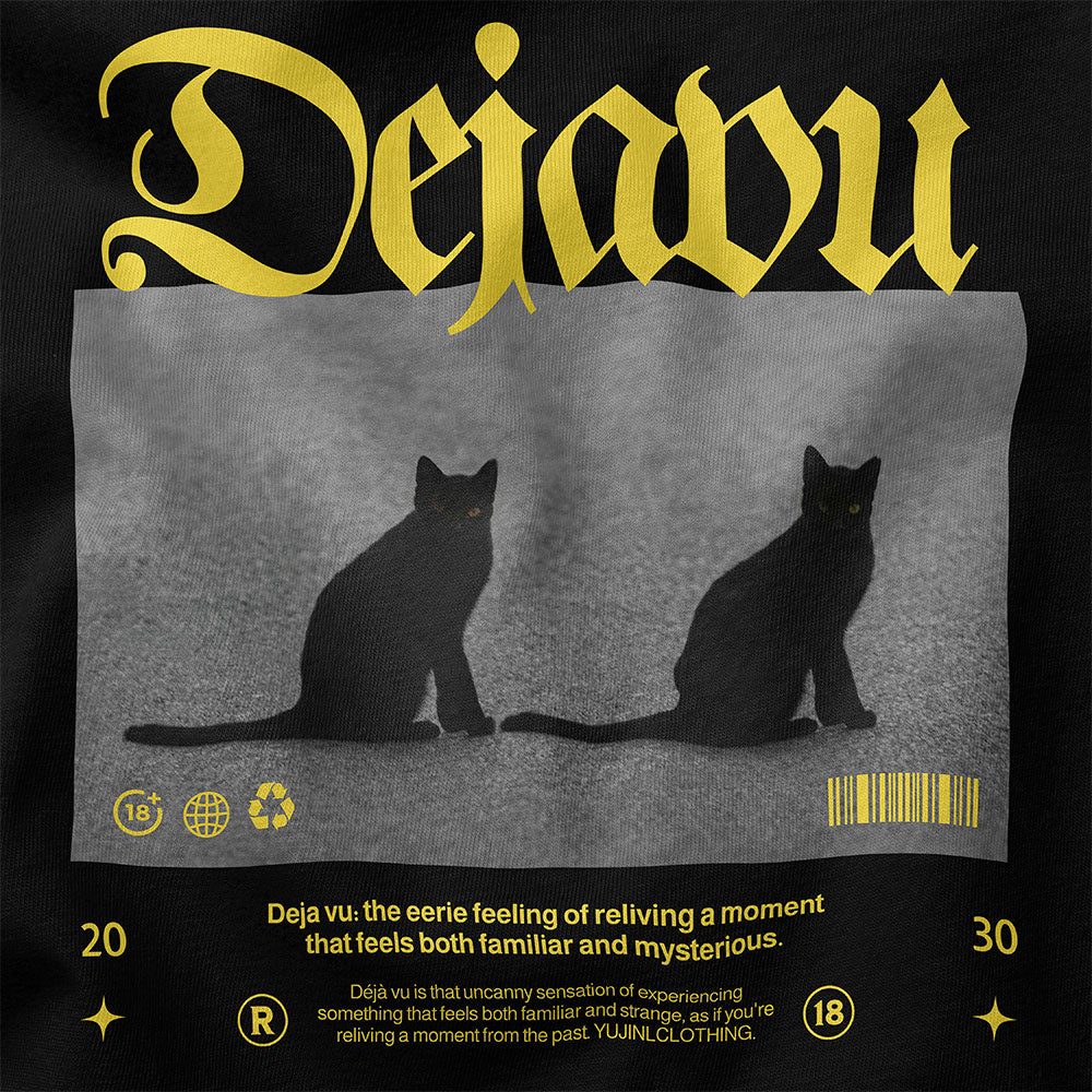 Dejavu cat T-shirt by Yūjin Clothing featuring a stylish cat graphic on a comfortable cotton T-shirt.