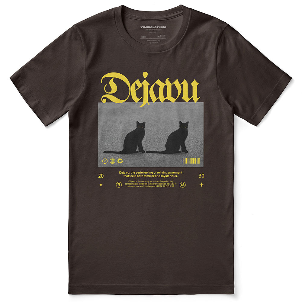 Dejavu Cat T-Shirt by Yūjin Clothing featuring a stylish feline graphic on a comfortable cotton T-shirt.