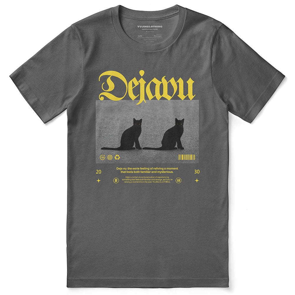 Yūjin Clothing Dejavu Cat T-Shirt featuring a stylish cat graphic on a comfortable casual tee