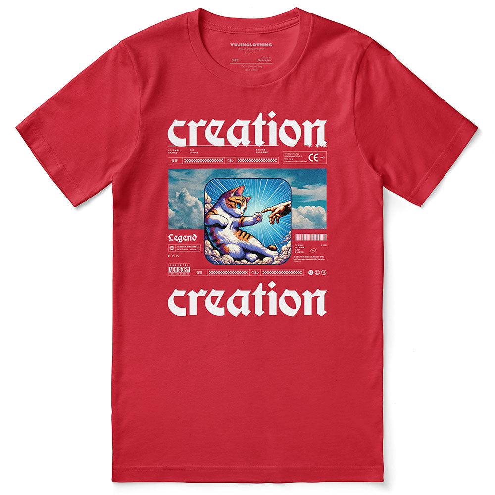 Divine Creation Cat T-Shirt by Yūjin Clothing featuring a stylish design of a cat illustration on a comfortable cotton t-shirt.