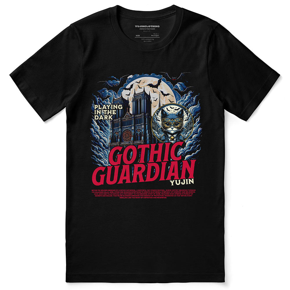 Black Gothic Guardian Cat T-Shirt by Yūjin Clothing featuring a detailed cat with gothic design elements on soft fabric.