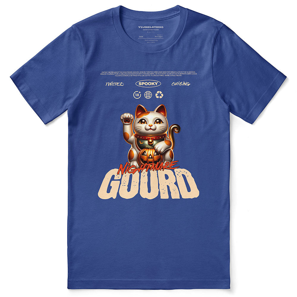 Yūjin Clothing Gourd Nightmare Cat T-Shirt featuring a spooky cat design on a comfortable black cotton shirt