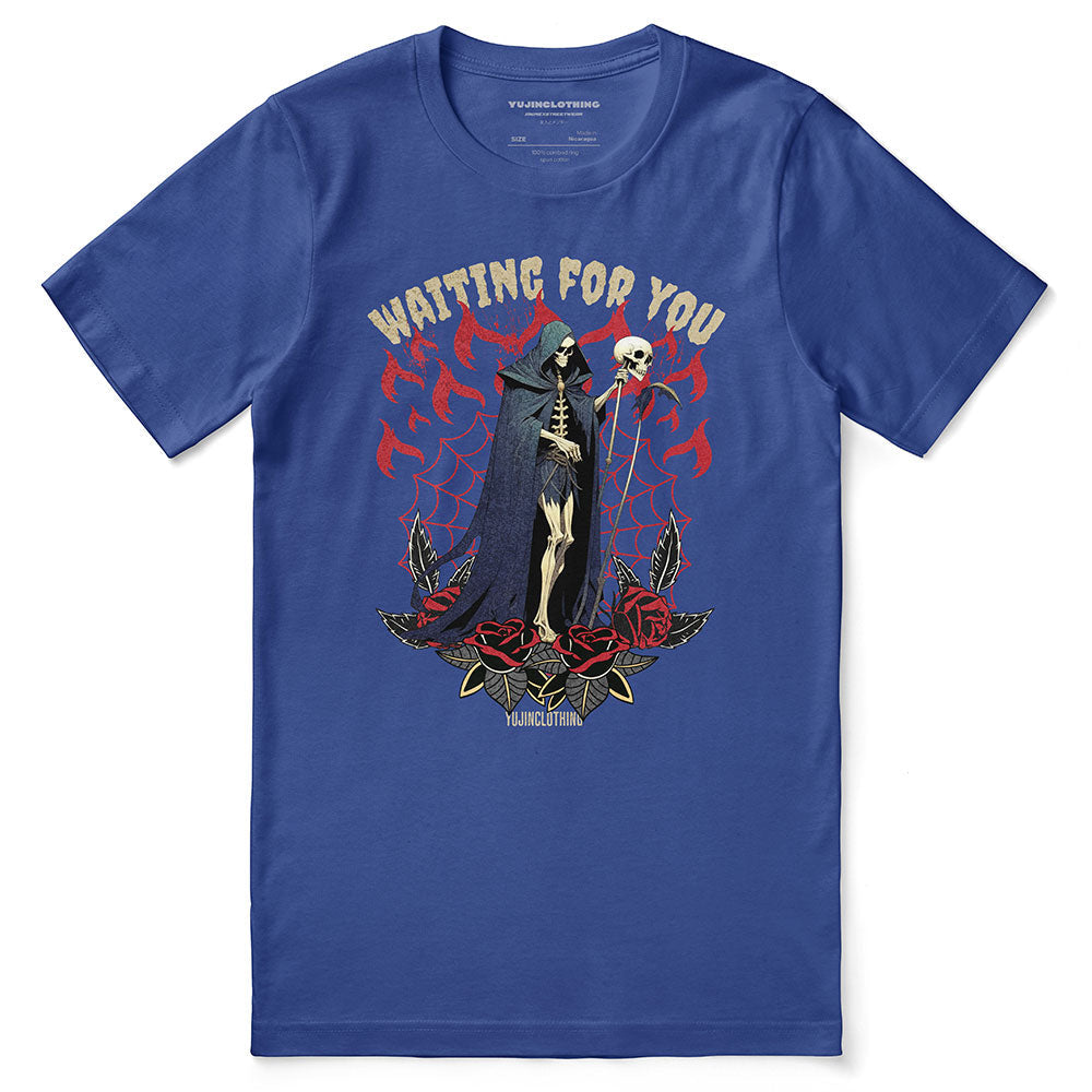 Yūjin Clothing Grim Reaper T-Shirt featuring a dark, detailed reaper graphic on black fabric, casual and stylish for fans of gothic fashion.