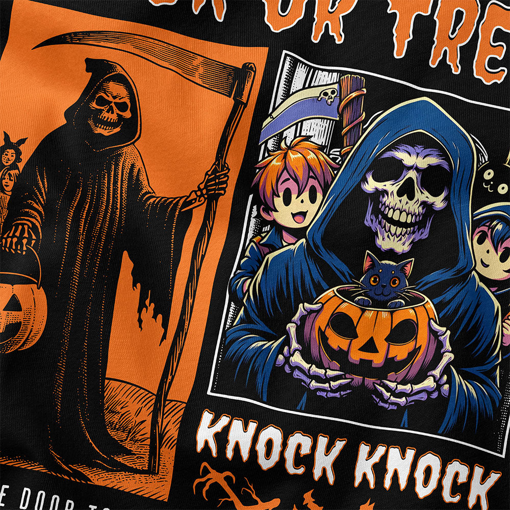 Yūjin Clothing Knock Knock Halloween T-Shirt featuring spooky graphic design on black cotton fabric.
