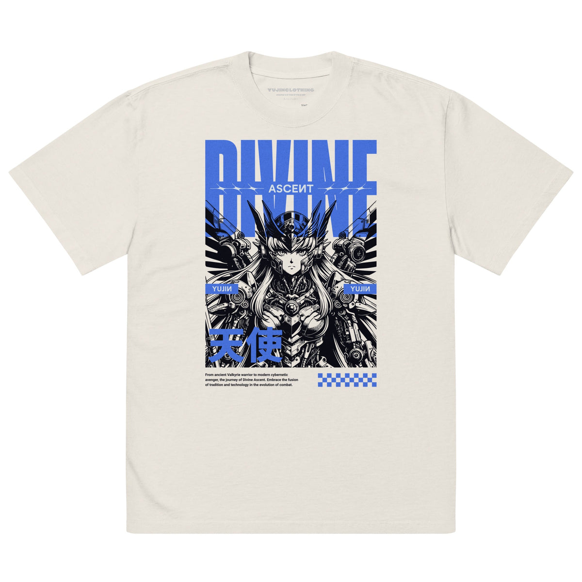 Yūjin Clothing Divine Ascent oversized faded T-shirt with distressed design and relaxed fit, showcasing casual streetwear style.
