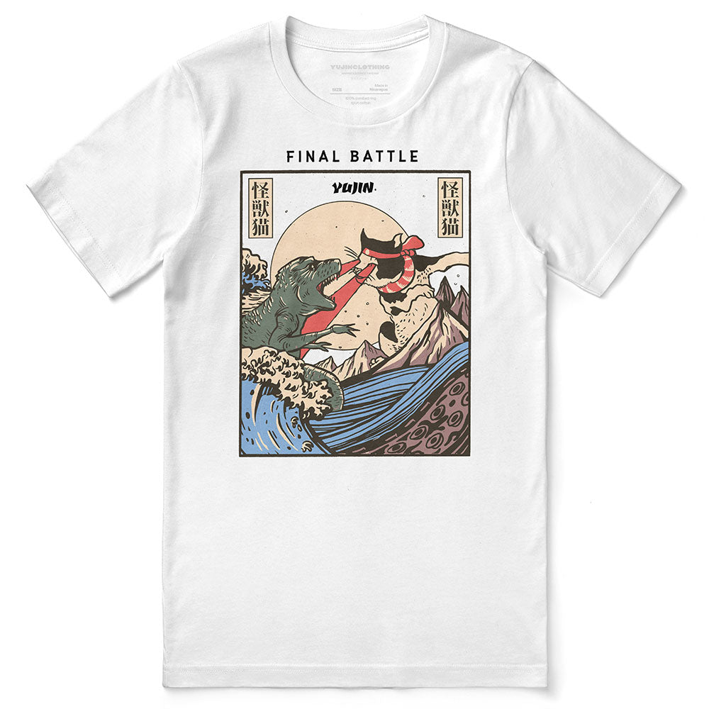 Yūjin Clothing Cat Final Battle T-Shirt featuring a detailed graphic design of a fierce cat in battle stance.