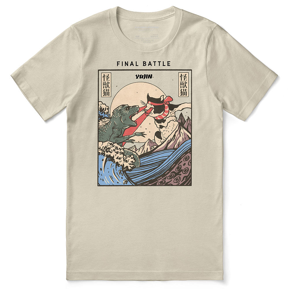 Yūjin Clothing Cat Final Battle T-Shirt showing a detailed graphic design of a cat engaged in a battle on a casual black T-shirt