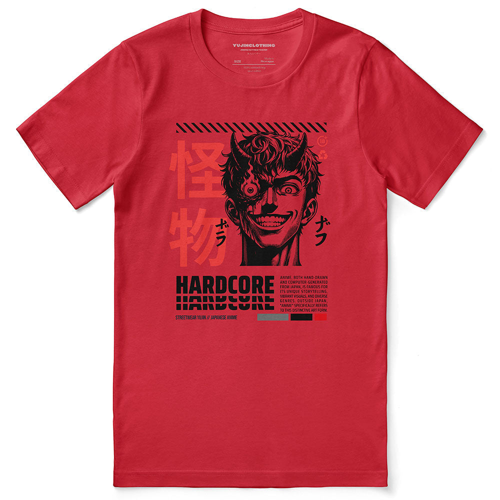 Black Hardcore Anime T-Shirt by Yūjin Clothing featuring bold anime-inspired graphic design and comfortable cotton fabric.