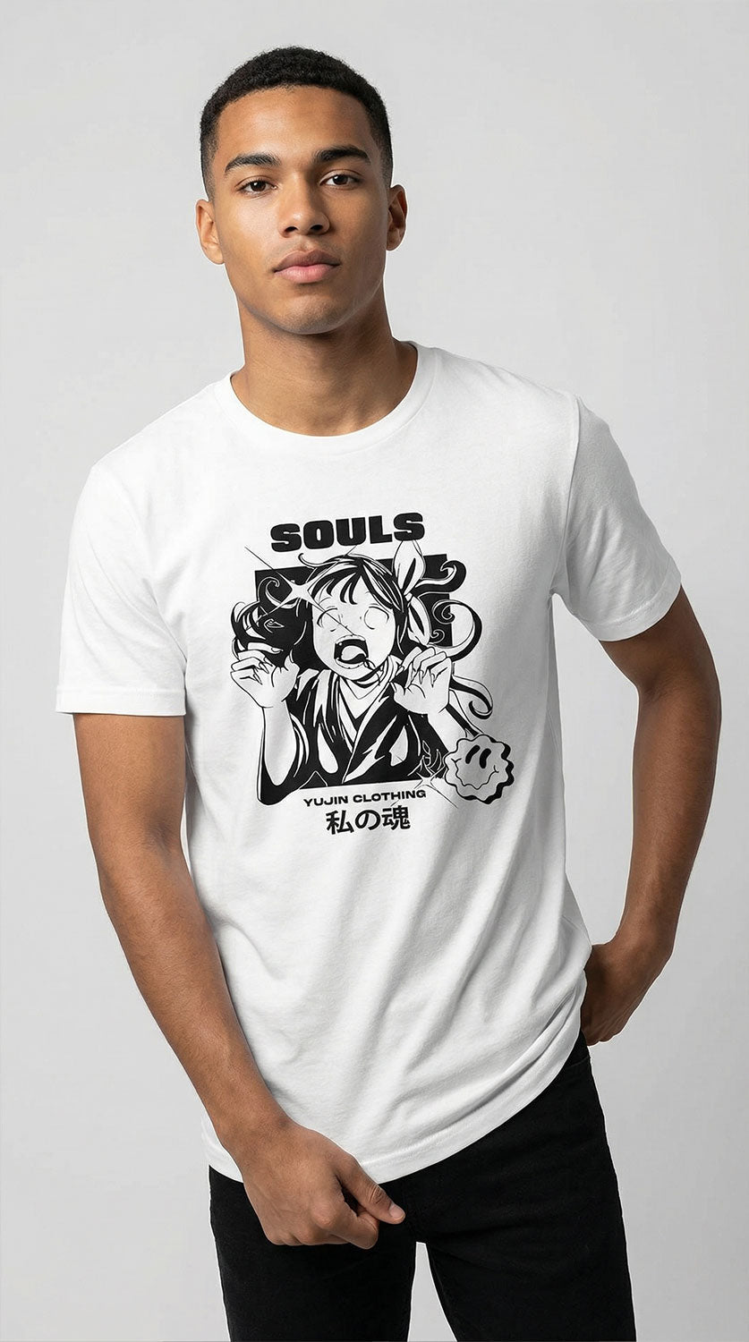 Black Lost Souls T-Shirt by Yūjin Clothing featuring a graphic design of ghostly figures on the front.