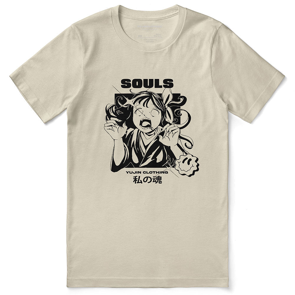 Yūjin Clothing Lost Souls T-Shirt featuring a dark, artistic design on a black cotton fabric, casual and comfortable style.