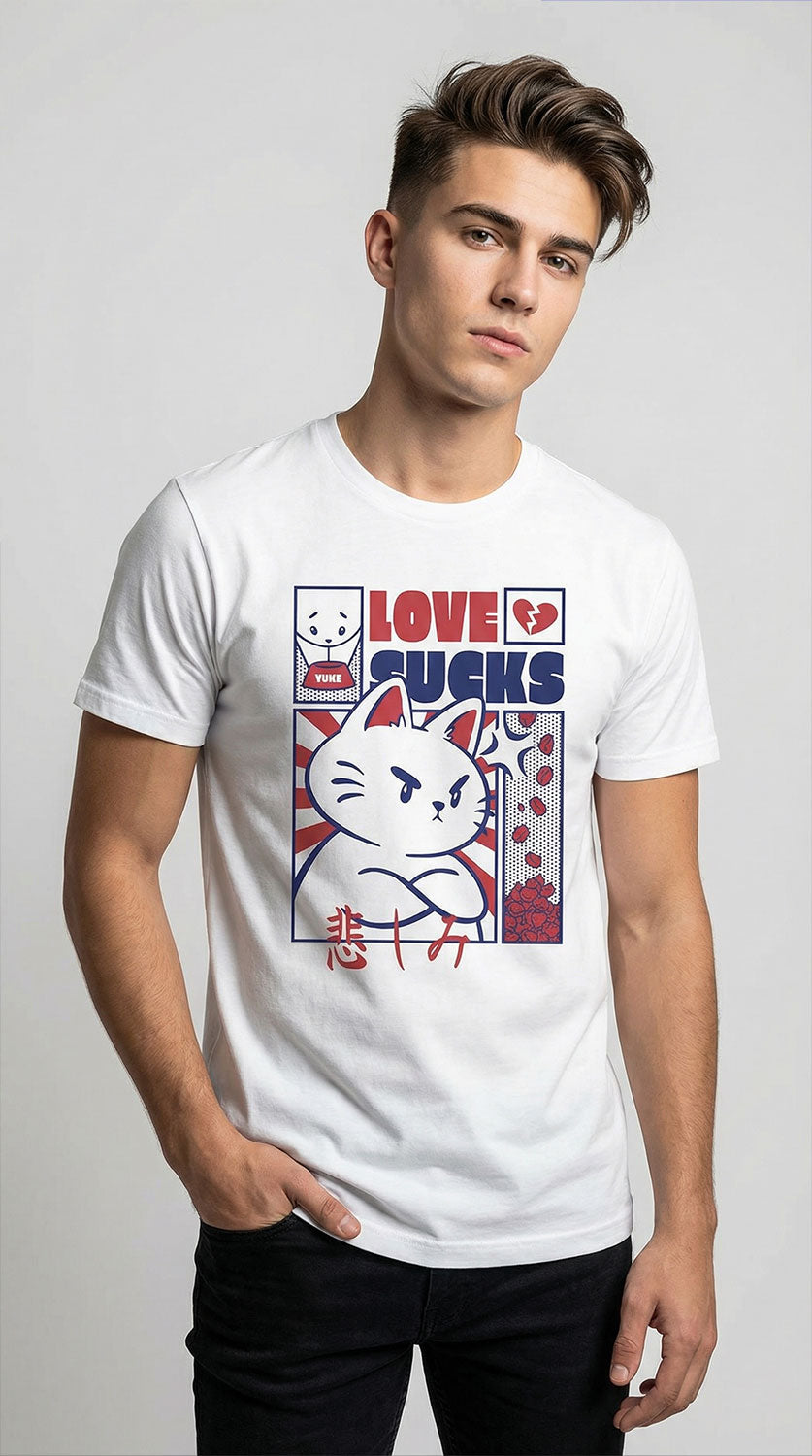 Yūjin Clothing Love Sucks cat T-Shirt featuring a graphic design with a playful cat illustration on soft fabric.