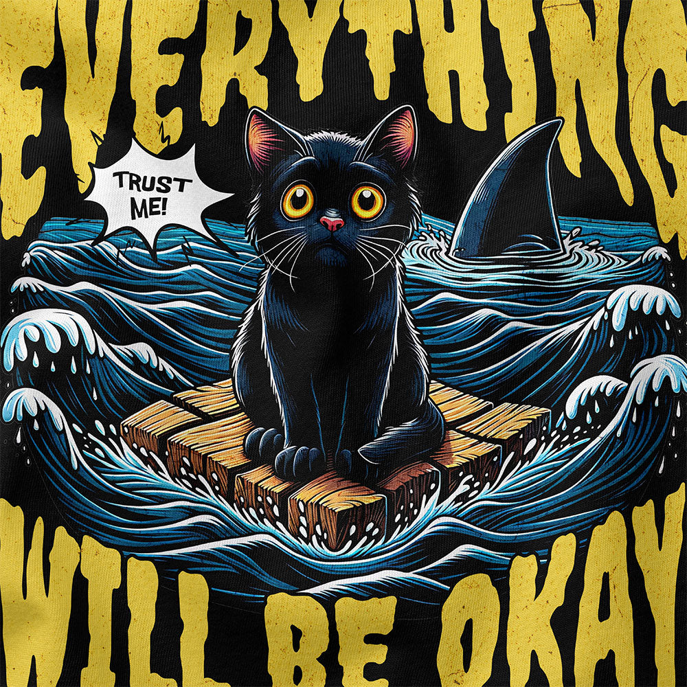 Yūjin Clothing "Everything Will Be Okay" cat T-Shirt featuring a comfortable fit and a cute cat graphic on the front.