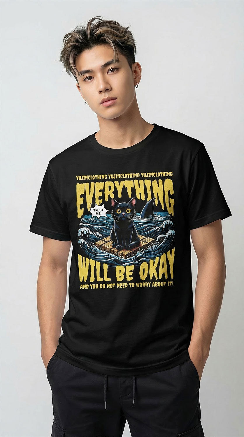 Yūjin Clothing Everything Will Be Okay cat T-Shirt featuring a comfortable casual fit and a positive printed message on soft fabric.