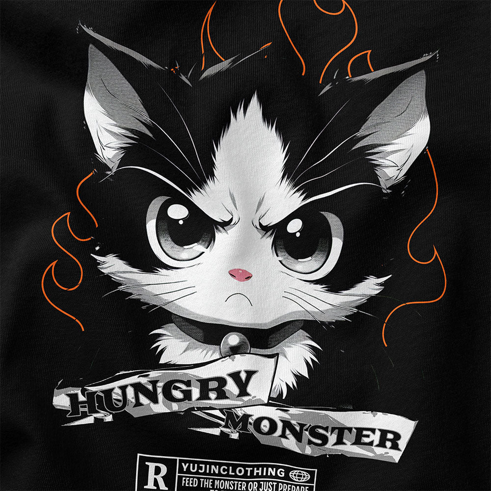 Yūjin Clothing Hungry Cat T-Shirt featuring a colorful cat graphic on a casual cotton tee.