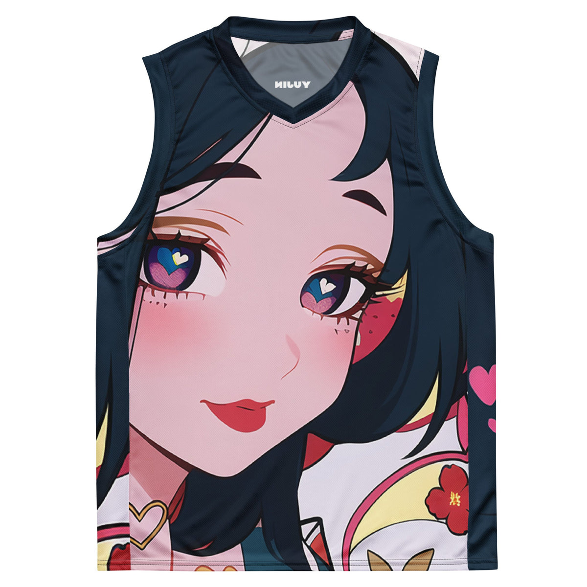 Recycled basketball tank top from Yūjin Clothing with a deeply in love design, featuring vibrant colors and athletic fit.