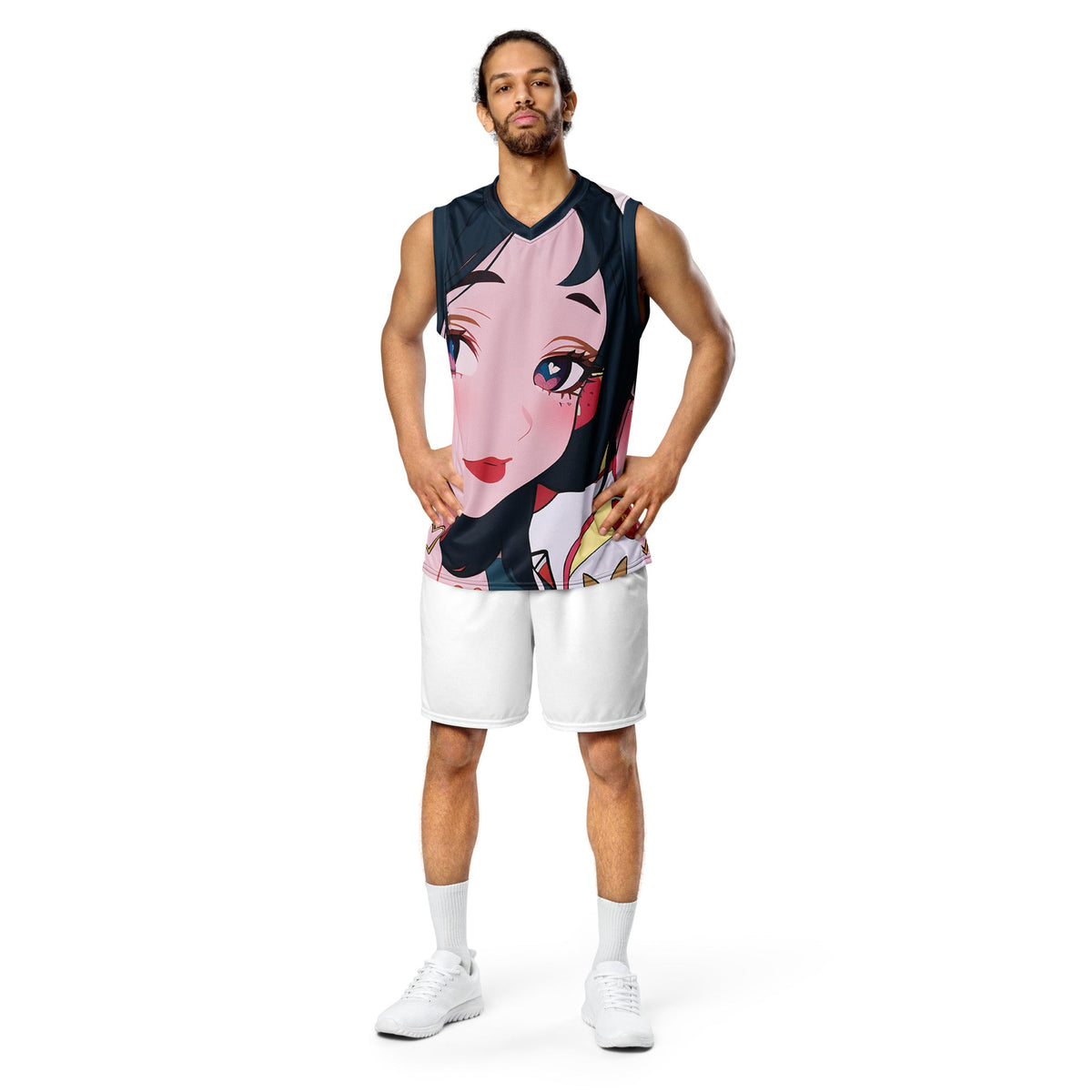 Yūjin Clothing Deeply In Love recycled basketball jersey tank top with vibrant floral design and sleeveless fit.