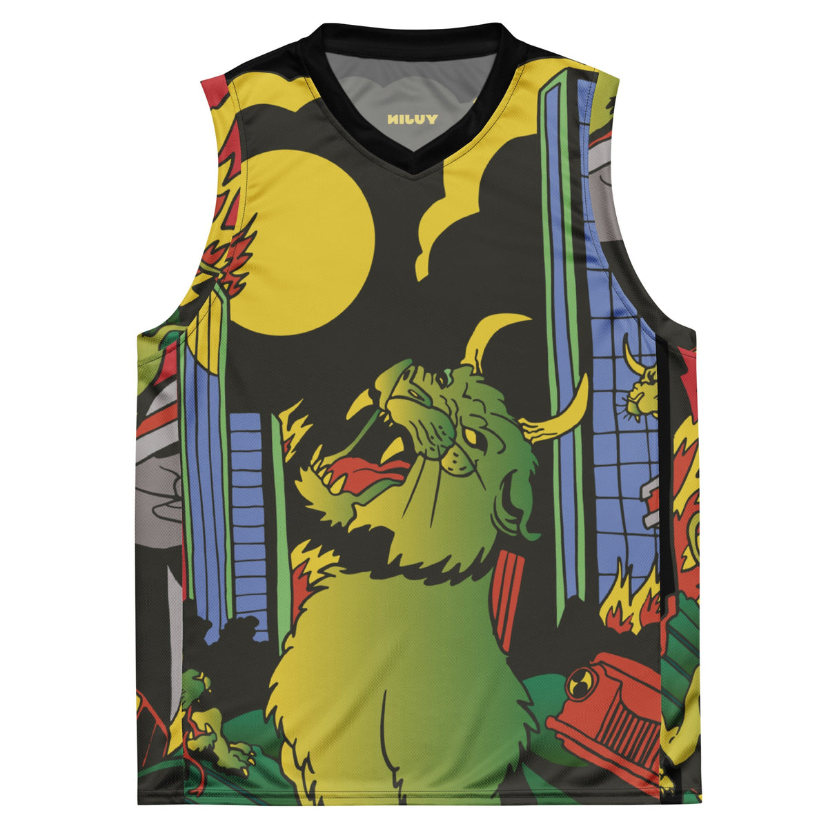 Devil Cat recycled basketball jersey tank top by Yūjin Clothing featuring a devil cat graphic and sporty design.