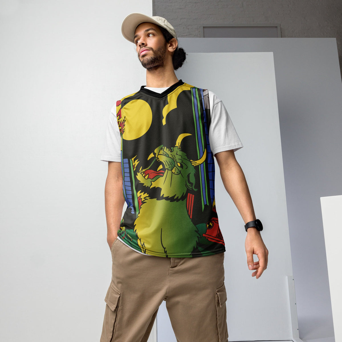 Devil Cat recycled basketball jersey tank top by Yūjin Clothing featuring a bold devil cat design on lightweight fabric.