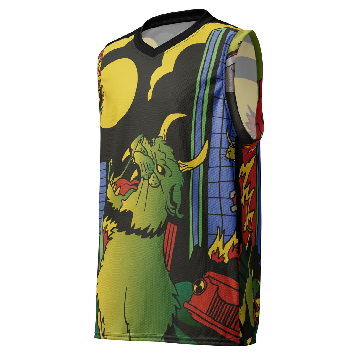 Devil Cat recycled basketball jersey tank top by Yūjin Clothing featuring a devil cat graphic on a sporty sleeveless design.