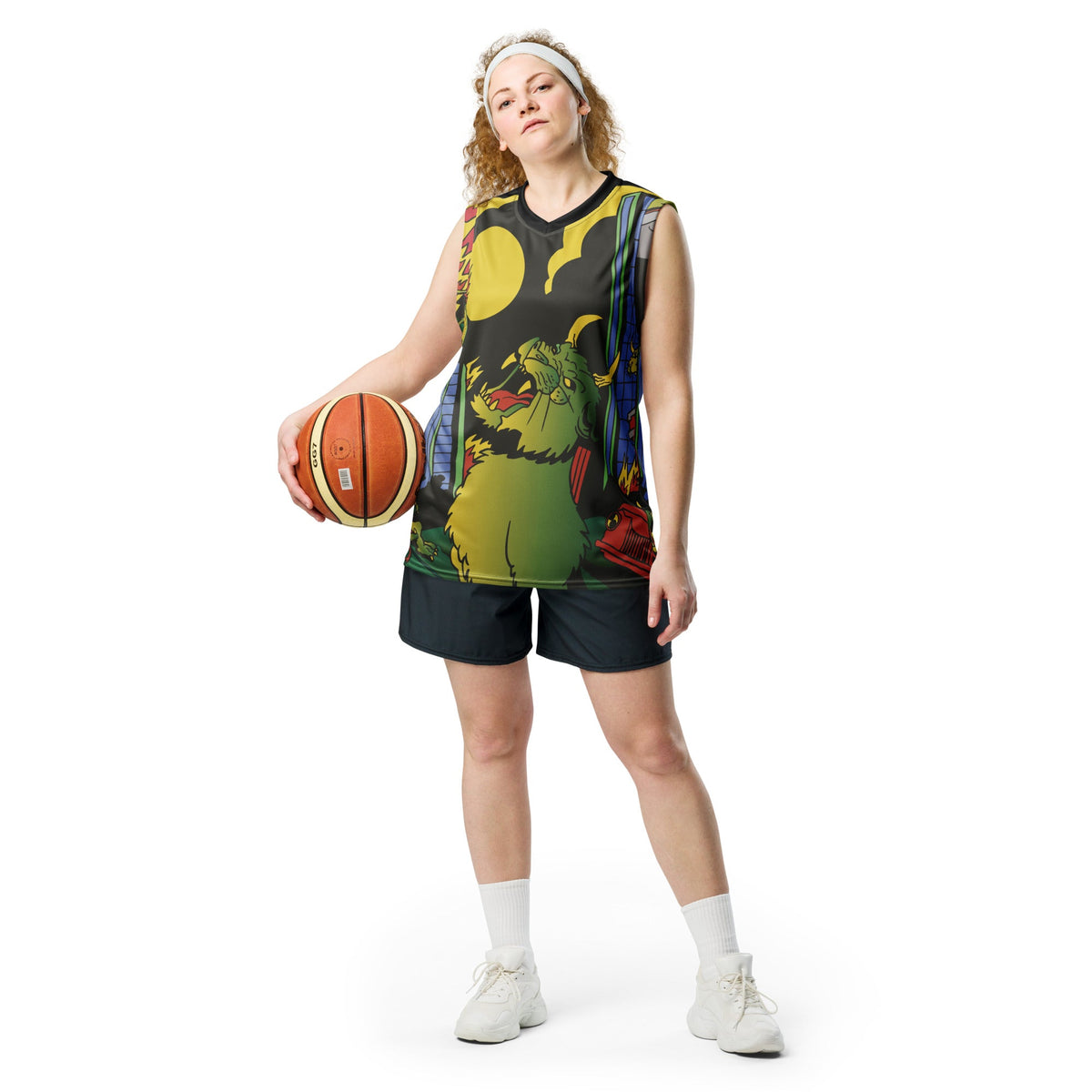 Devil Cat recycled basketball jersey tank top by Yūjin Clothing featuring a bold devil cat graphic and sporty design.