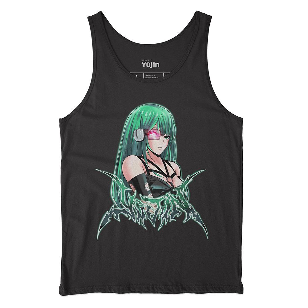 Yūjin Clothing Power Level tank top in black, sleeveless athletic shirt with a bold graphic design on the front.