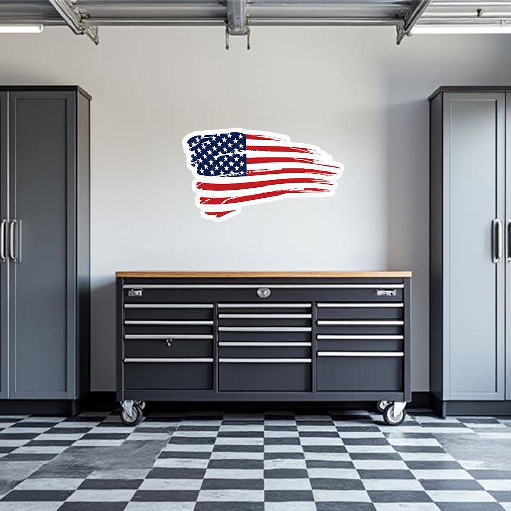 American flag garage wall decal by Armed American Supply, featuring bold stars and stripes for patriotic home decor.