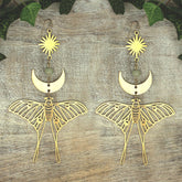 Celestial Luna Moth oversized gold earrings with intricate design, handcrafted jewelry accessory for women.