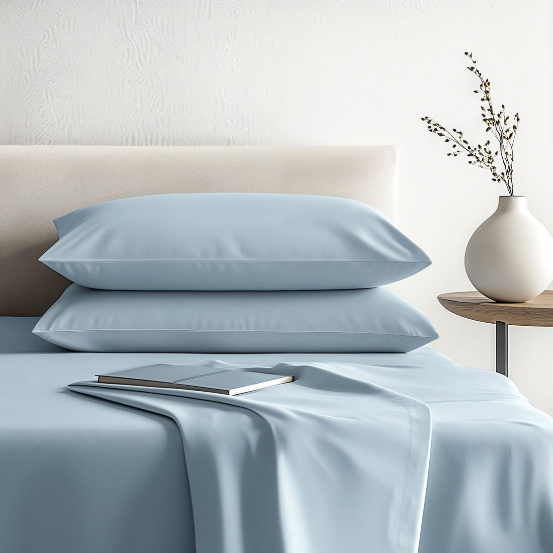 Italic Luxe Australian Sateen Sheet Set for home bed, featuring smooth, luxurious fabric in a close-up view of the sheets and pillowcases.