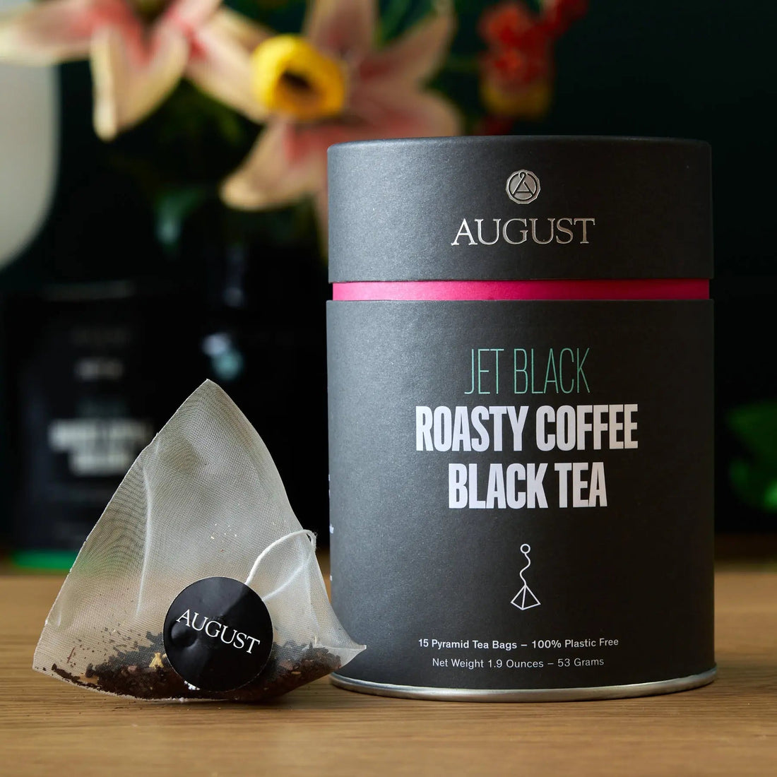 Jet Black Roasty Coffee Black Tea in a box of 15 tea bags from August Uncommon Tea, showcasing the black tea packaging.