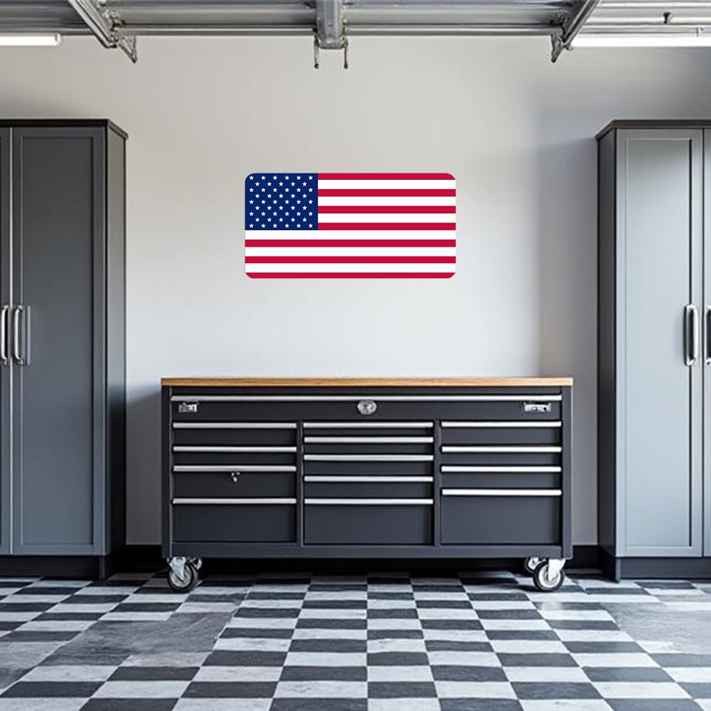 Old Glory Garage wall decal by Armed American Supply featuring patriotic American flag design in black and white.