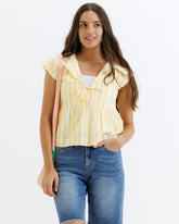 Downeast Sunshine Stripe Top showing a lightweight, colorful striped design with long sleeves and a relaxed fit.