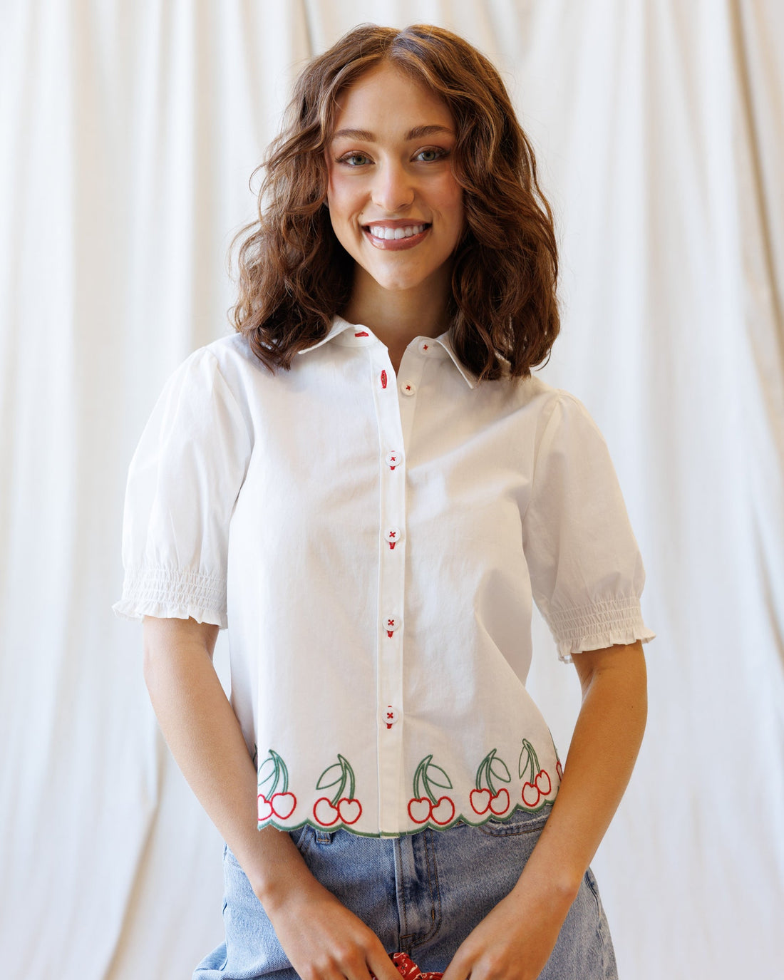 Cherry cute button-down top by Downeast, featuring a playful cherry print and classic collar, perfect for casual wear.