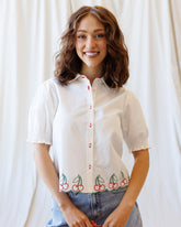 Cherry cute button-down top by Downeast, featuring a playful cherry print and classic collar, perfect for casual wear.